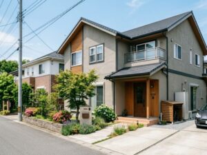 グレージュと木目調のオシャレなツートン外壁