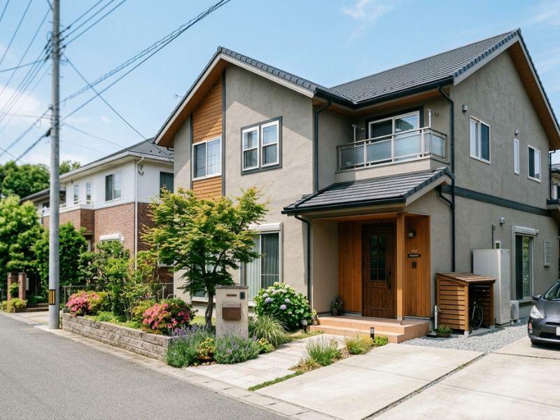 グレージュと木目調のオシャレなツートン外壁